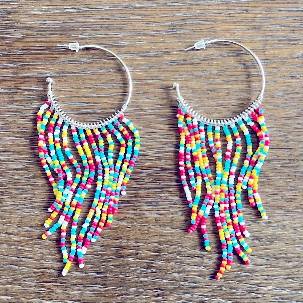 Hoops creole bohemian cascading dangly earrings, colorful beads jewelry